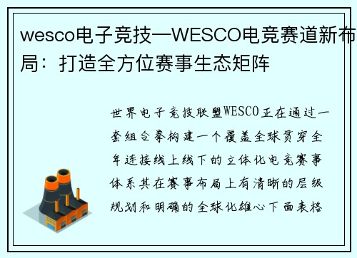 wesco电子竞技—WESCO电竞赛道新布局：打造全方位赛事生态矩阵